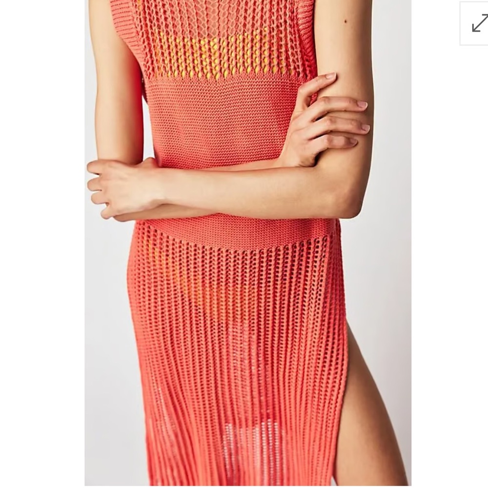 Free People Coral Crochet Poncho bathing suit cover up one size